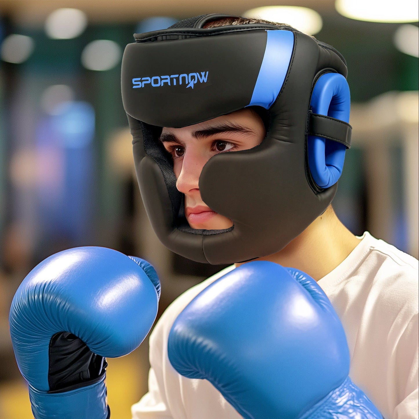 Boxing Headguard, Boxing Headgear Helmet with Adjustable Strap for Full Face Protection for Kickboxing Sparring Martial Arts Karate Taekwondo, Blue